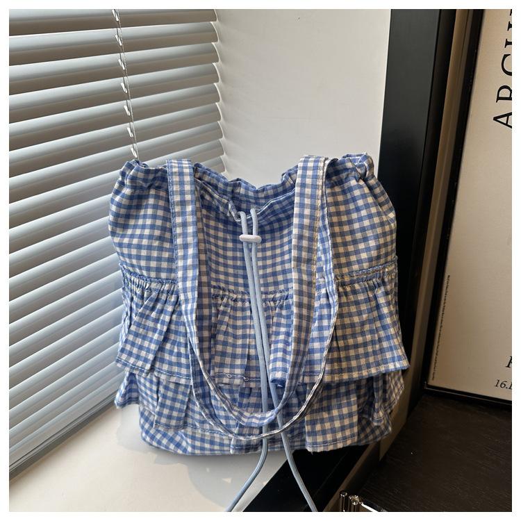 

Cute college style plaid cloth bag women s 2025 new Korean large-capacity lace large-capacity tote bag синий