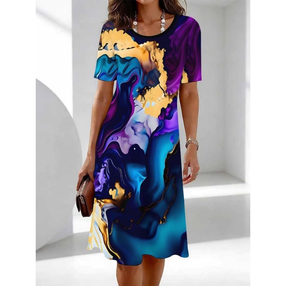3D Color Tie-Dye Gradient Printed Dress, Summer Short Sleeve Round Neck Casual Mini Dress