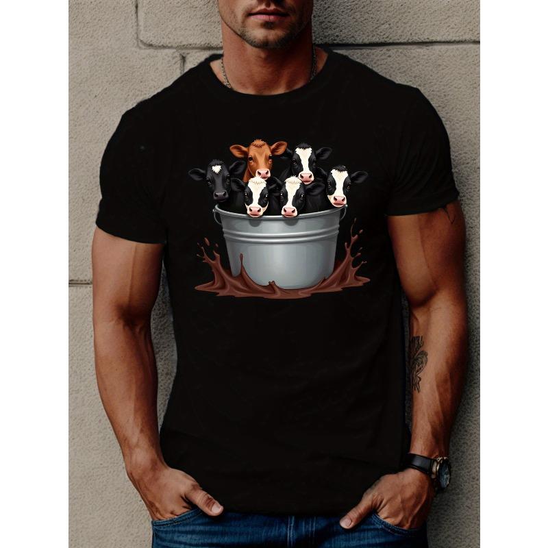 

European sizes Men S Blue Bucket of Calves Graphic T-Shirt - Casual Summer Tee with Playful Cow Design, Short Sleeve, Round Neck, 4XL чорний