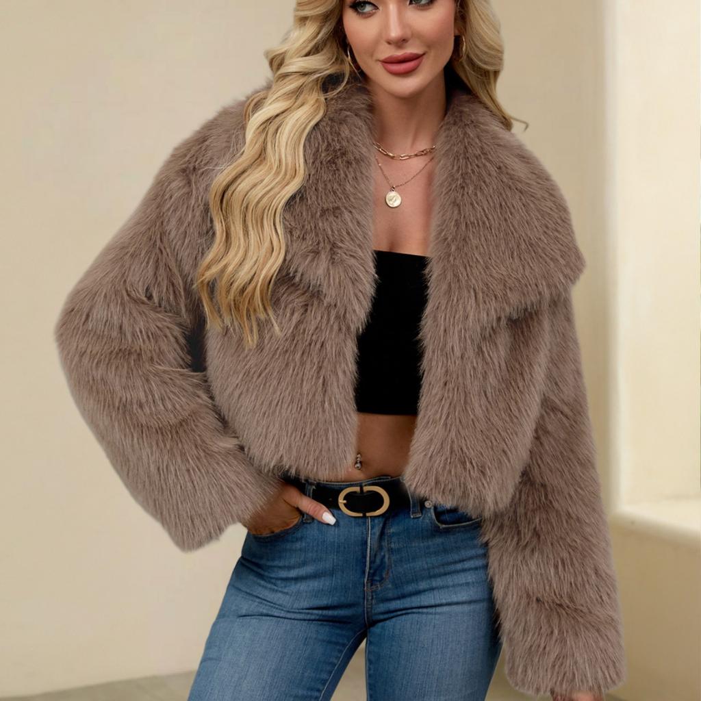 Fashionable Women's Plush Short Jacket Fauxsuit Collar