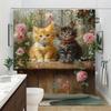 Polyester Bath Curtain - 70x70 Inches, Orange & Gray Kittens with Pink & White Flowers, Realistic Whimsical Design, 12 Hooks