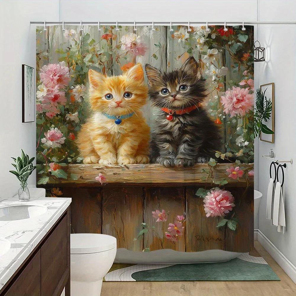 Polyester Bath Curtain - 70x70 Inches, Orange & Gray Kittens with Pink & White Flowers, Realistic Whimsical Design, 12 Hooks