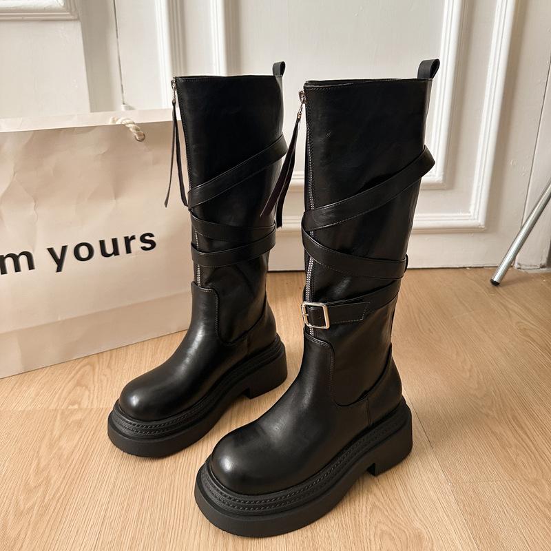 Belt Buckle But Knee Boots Women's 2025 Autumn and Winter British Style Thin Maillard Thick-soled High Knight Boots