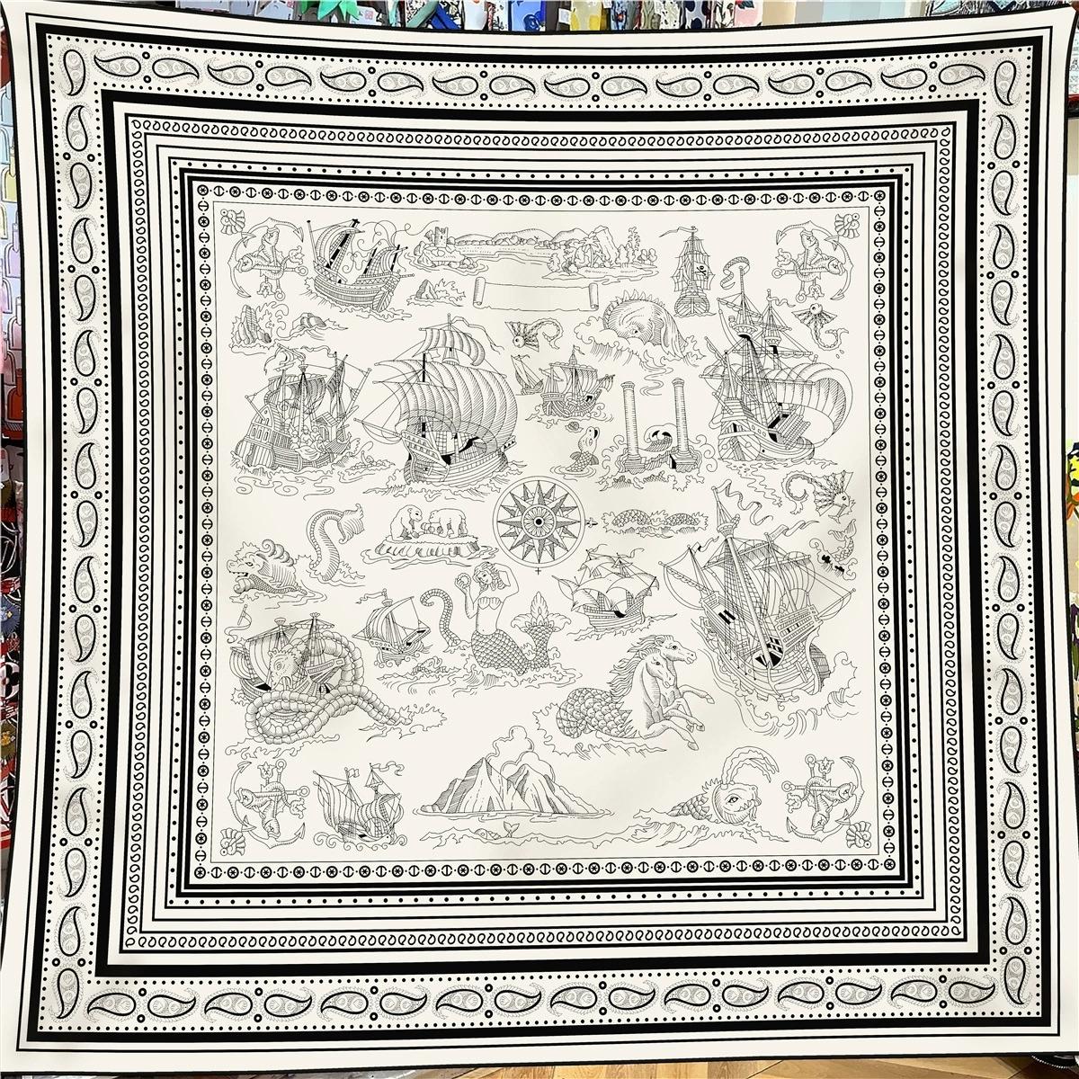 

130cm French Autumn/Winter Vintage Print Faux Silk Wool Scarf Warm Shawl and Square Wraps Ladies Bandana Hijab Foulard For Women 130x130cm