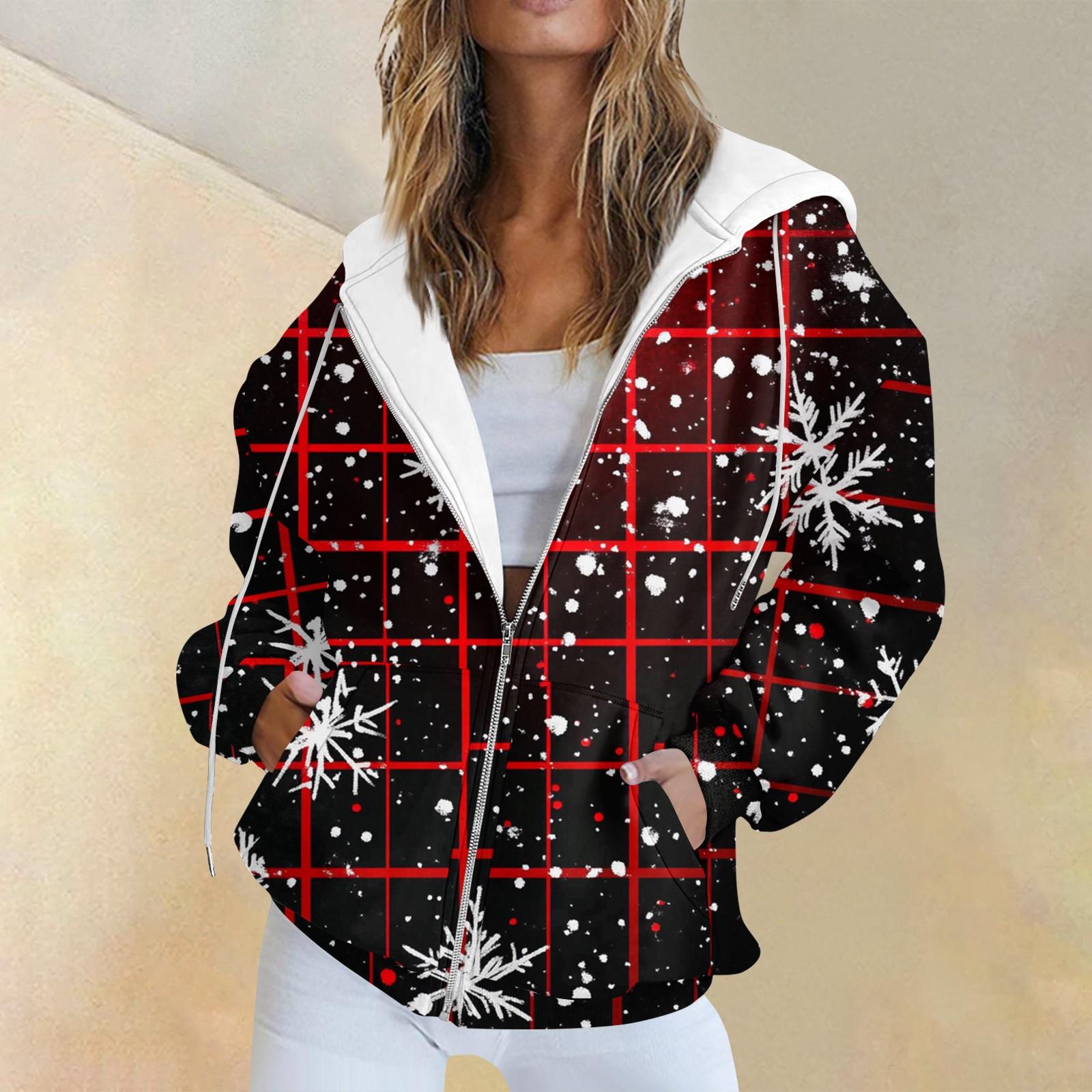 

Женская повседневная рождественская печатная толстовка на осень и зиму с длинными рукавами и карманом на молнии с капюшоном XXL винный