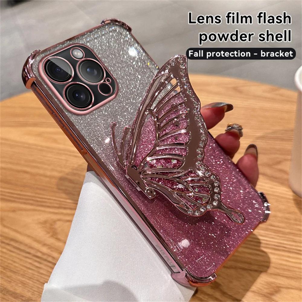 

Luxury Diamond Butterfly Bracket Stand Cases For Redmi Note 14 Pro Plus 14C POCO C75 14T Camera Protection Soft Silicone Cover For POCO F6 Pro