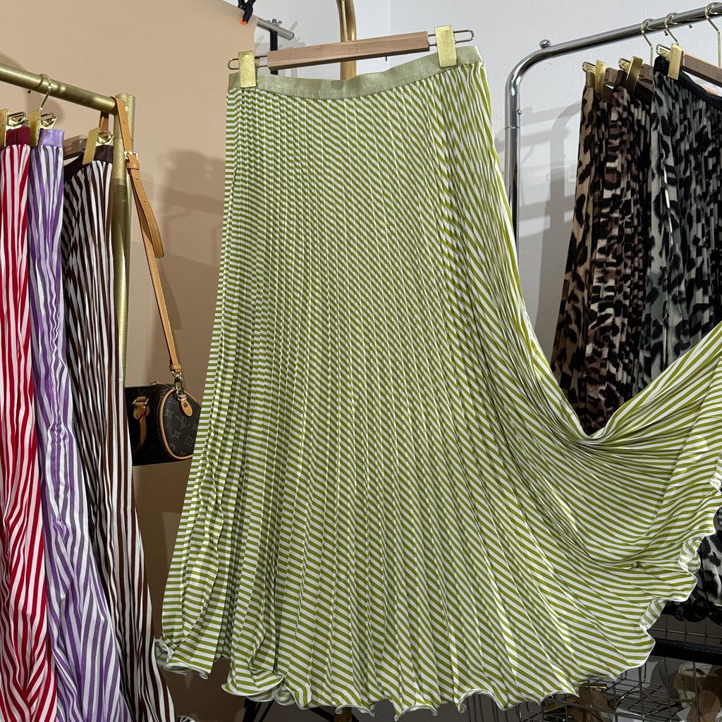 Multicolor Korean Style Chiffon High Waist Pleated Polka Dot Midi Skirt