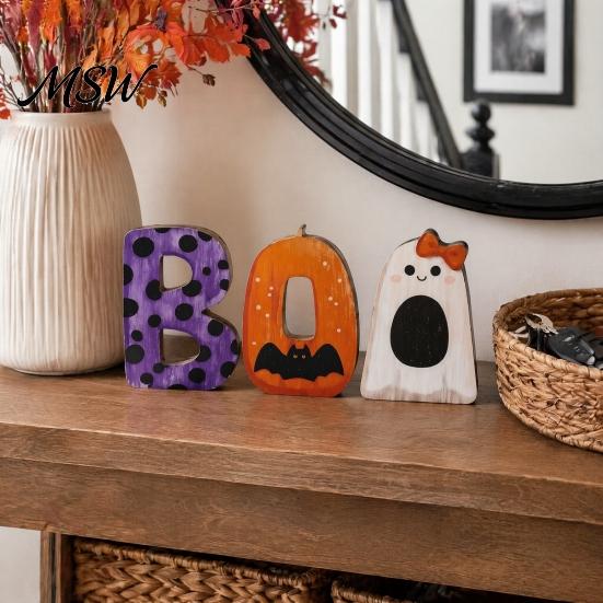 Freestanding Wood BOO Block Set Halloween Wooden Ornaments, Lettering Decorations, Rustic Bat Pumpkin Ghost Playful Desktop Decorations Table