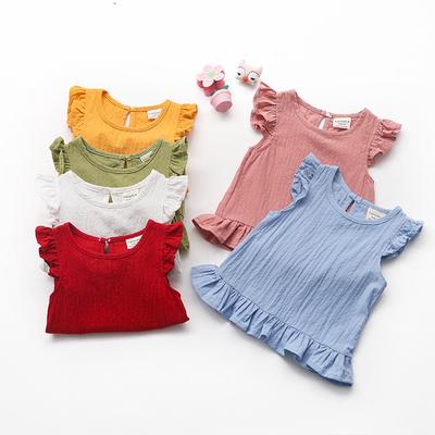 Baby Kids Girl Fly Sleeve Ruffle Solid Color Cotton Tops Blouse Clothes