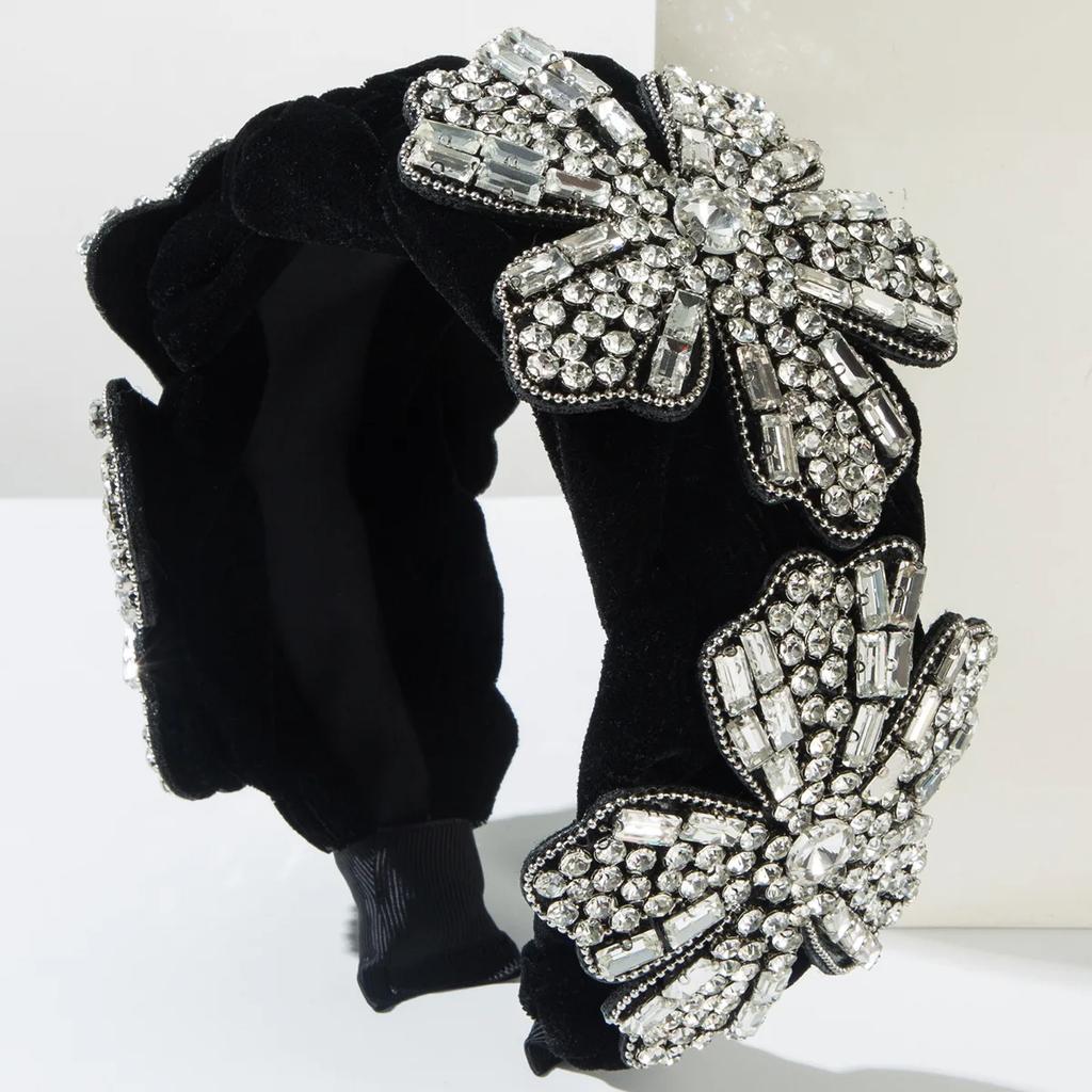 Flannel Woven Three Flowers Inlaid with Rhinestones Super Flash Headband Banquet Elegance Enlarged Widened Hair Accessories