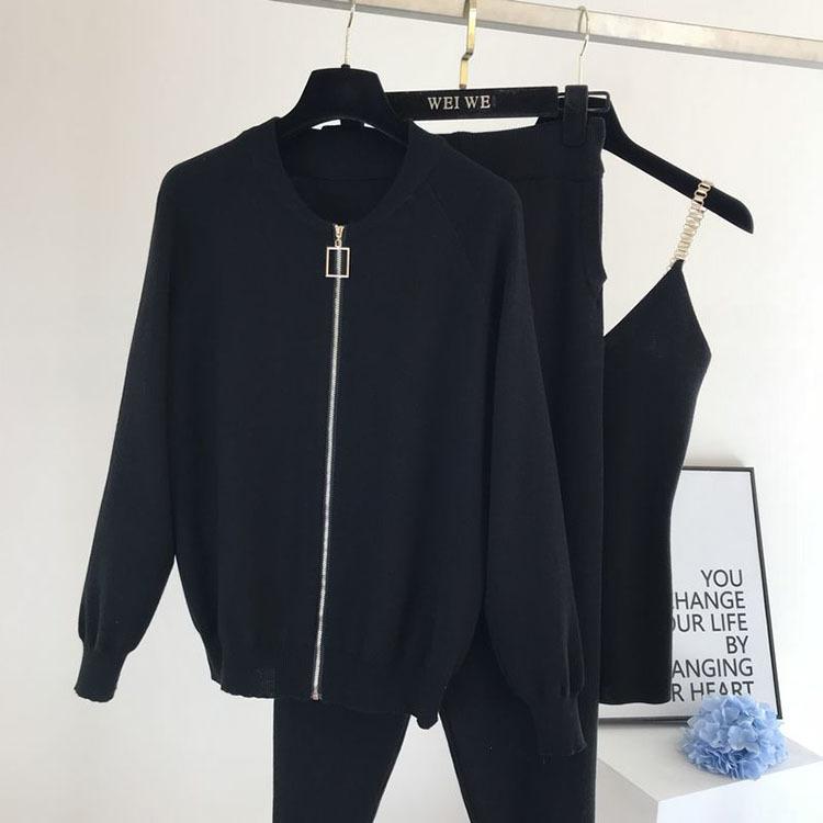 3 teile/satz Gestrickte Pullover Anzug Casual Kette Weste Gestrickte Jacke + Elastische Hosen Drei-stück Sets Frauen Outfits