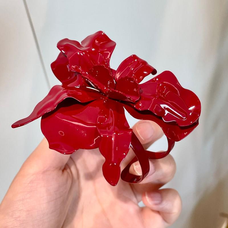 Dunkelrotes Retro-Blumenarmband- & Ring-Set