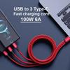 100W 6A 3 in 1 USB-A to 3 ×Type-C Fast Charging Cable For Samsung Galacy S24 Xiaomi Redmi Huawei Multi-port USB C Charge Cable