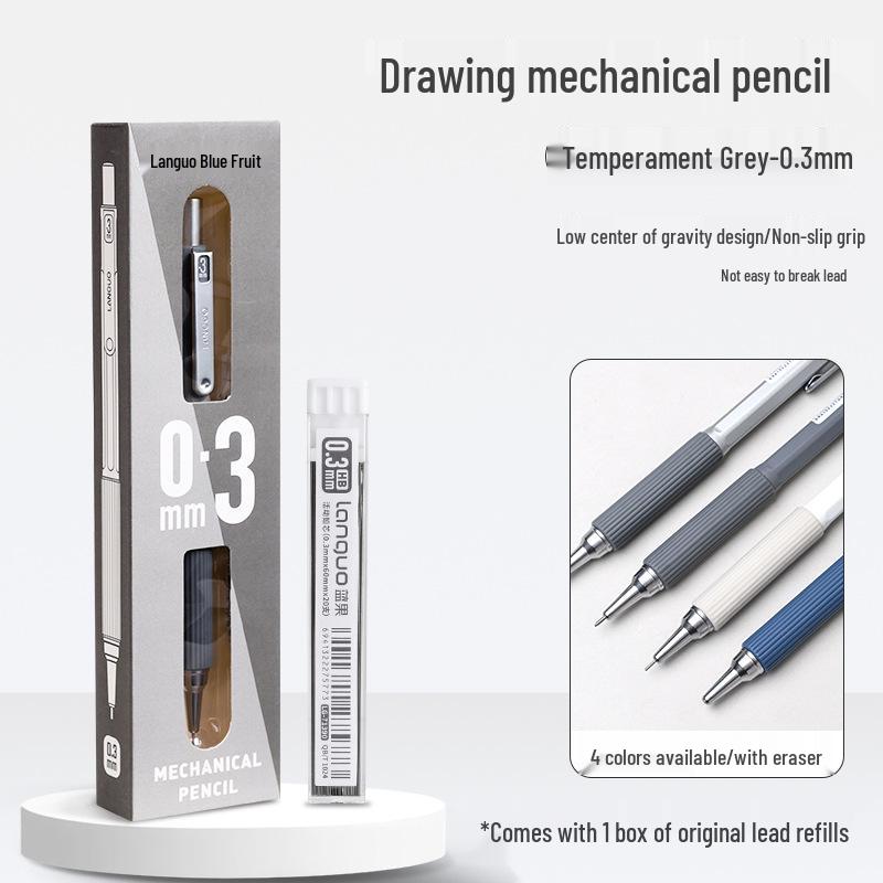 Blue Fruit Metal Mechanical Pencil with Built-in Eraser and Soft Grip for Student Writing and Sketching