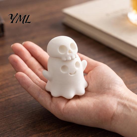 Unique Holiday Gifts 3D Printed Cute Ghost Skull Figurine, Stacked on Plastic Skeleton Decor Statue, Halloween Spooky Desktop Ornament, Fun