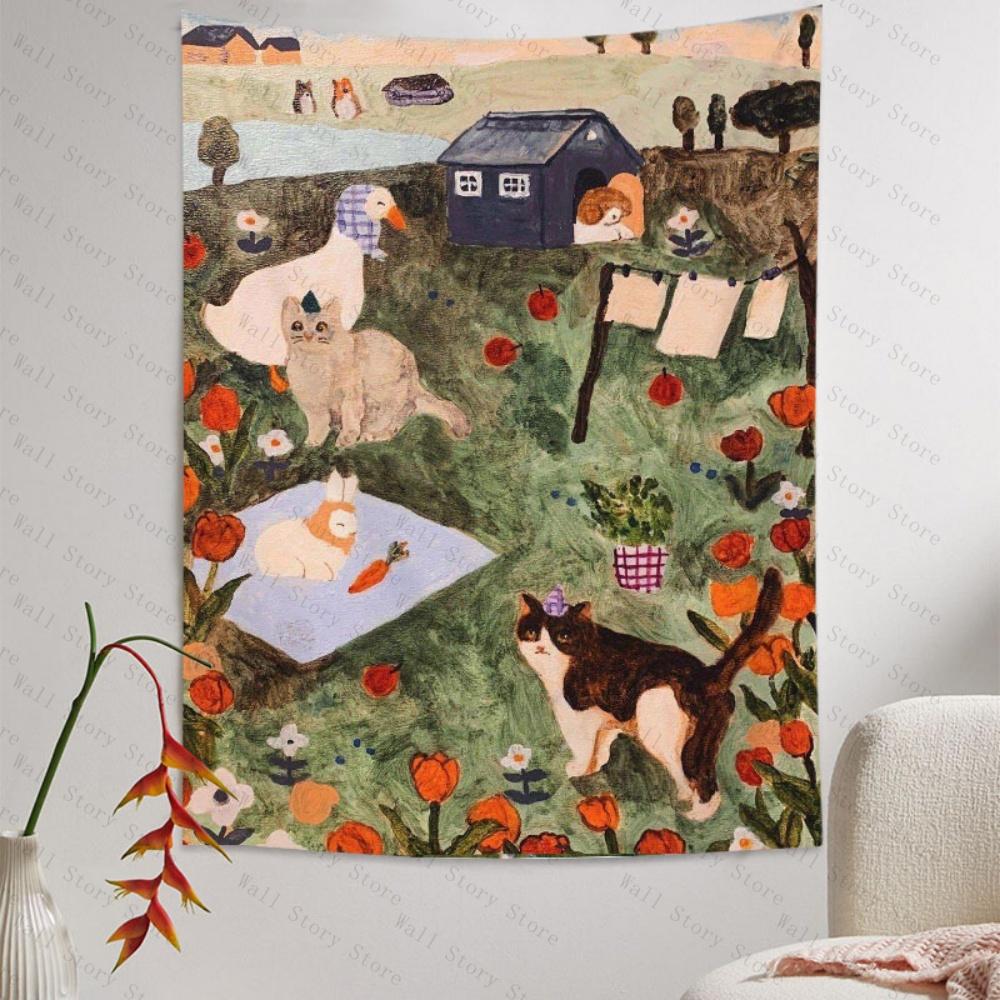 

Cute Flowering Nature Tapestry Cat Swan Meadow Soft Cute Wind Tapestry Bedroom Living Room Cosy Ambience Home Decor Tapestry 74x94cm(29x37in)