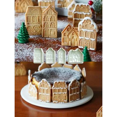 4 Pièces Motif Maison en Pain d'Épices de Noël Emporte-pièce Tampon à Biscuits Décoration Gâteau Fondant Accessoires de Pâtisserie Gadgets de Cuisine