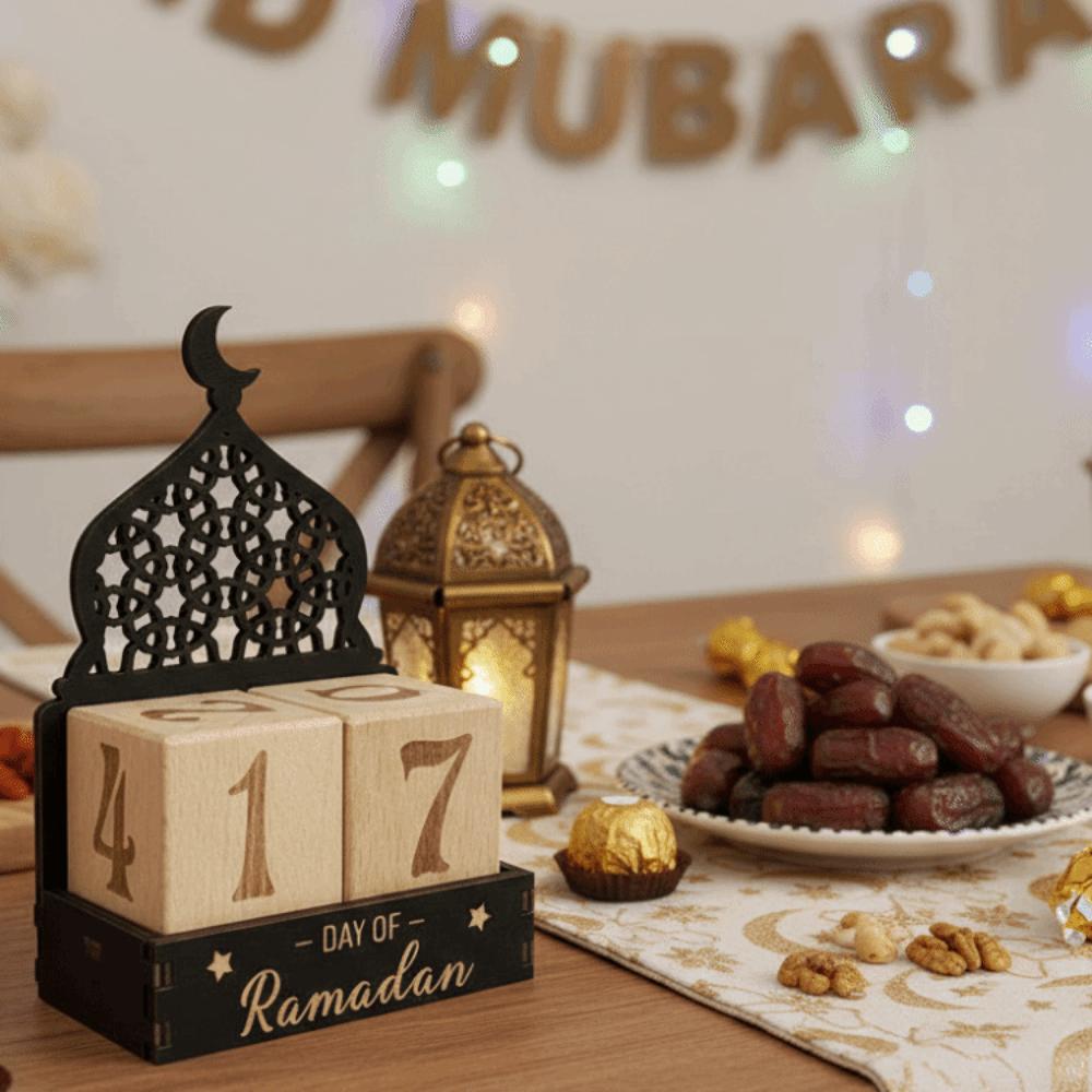 Wooden Eid Mubarak Calendar Blocks Adjustable Dates Moon Castle Ramadan Countdown Calendar Decorative Eid Al-Fitr Calendar