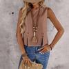 Women's Casual Fashion Round Neck Sleeveless Split Button Short Vest Cotton Linen Shirt Top