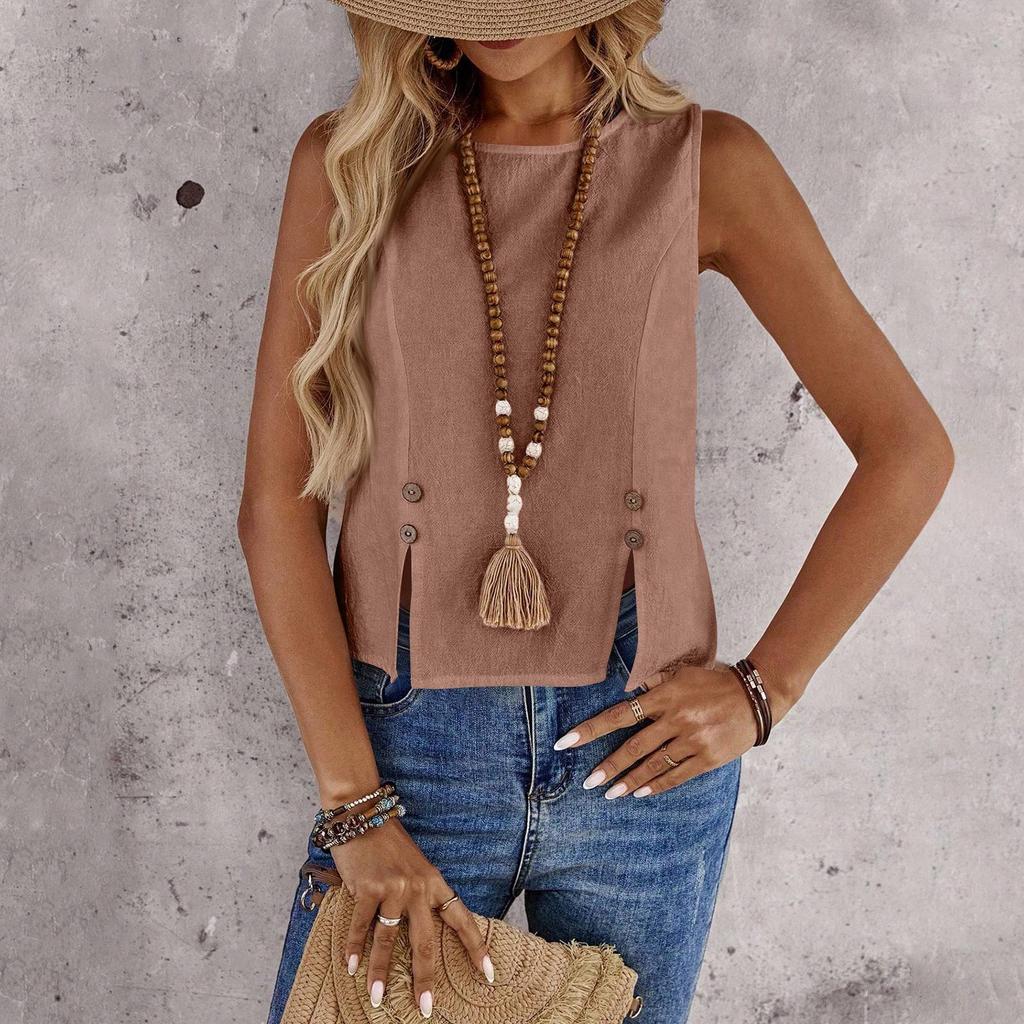 Women's Casual Fashion Round Neck Sleeveless Split Button Short Vest Cotton Linen Shirt Top