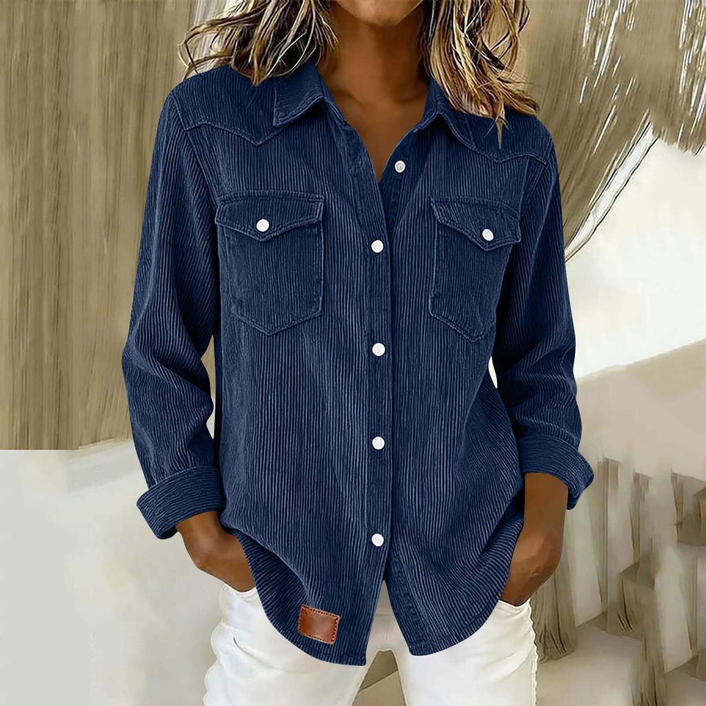 Women's Long Sleeve Button Down Shirt Corduroy Fabric Double Chest Pockets Casual Button Up Top