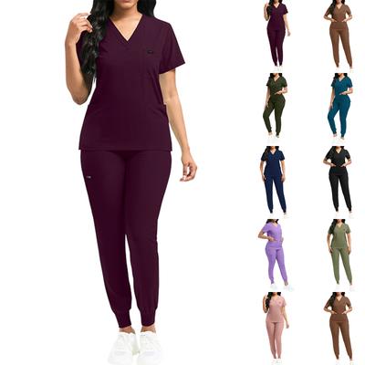 Women's Loose And Comfortable V-neck Short Sleeved Workwear With Multiple Pockets And Beauty Suit Set