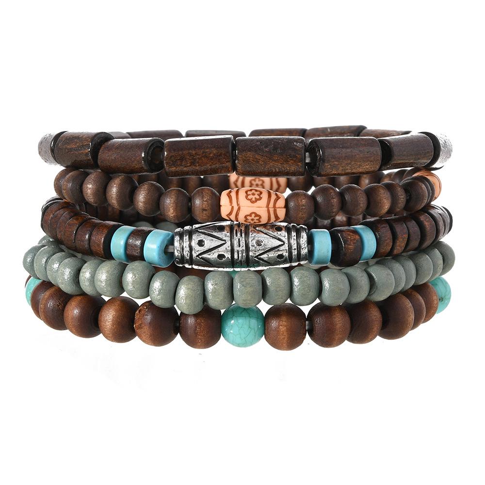 

Бірюзовий Дерев яний Браслет-Набір Багатошаровий Еластичний - Ретро Європейський та Американський Стиль, 5 Штук