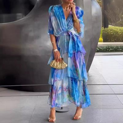 Women Dress Multi-layered Scattered Cake Hem Pleated V Neck Dreamy Colors Ruffle Lace-up Slim Waist Bat Sleeve Evening Dress Beach Party Prom Dress