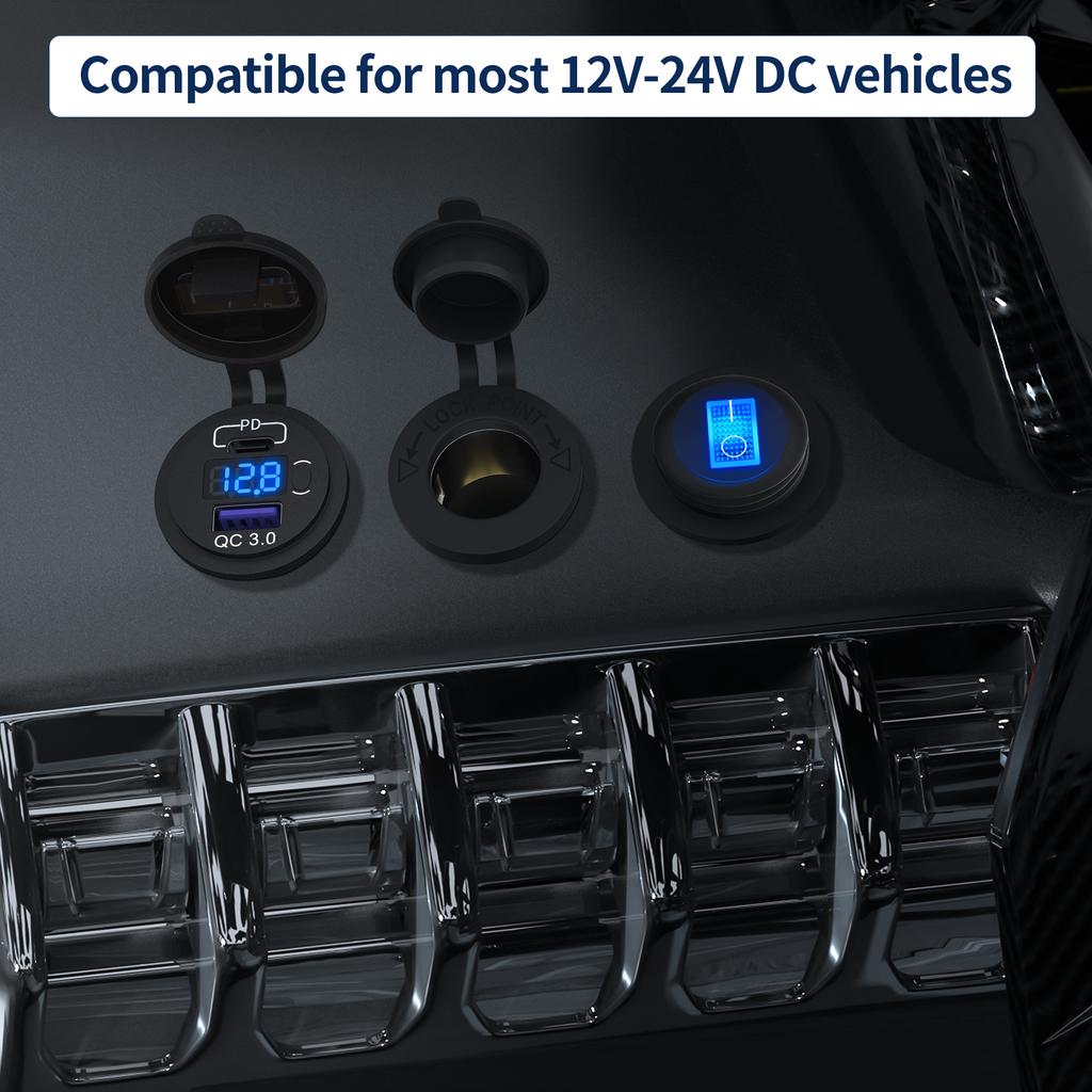 12V USB C Car Charger Socket 12V USB Outlet 48W PD Type C & QC 3.0 12 Volt Dual USB Charging Socket Port Voltmeter ON/Off Switch