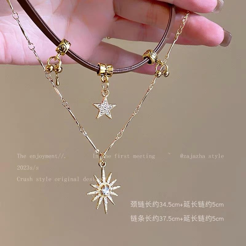 Sun Star Zircon Necklace for Women Vintage Leather Necklace Double Layered Pendant Chain Choker Fashion Jewelry Accessories