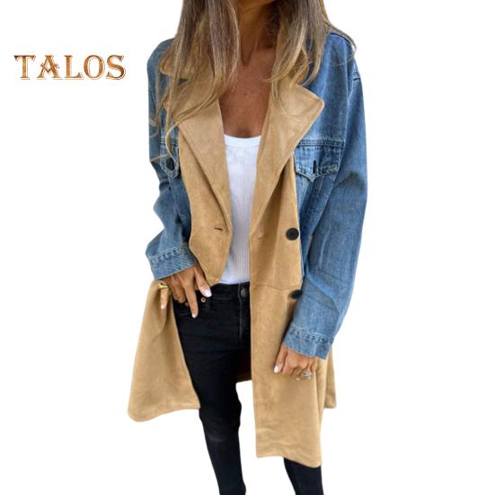 Dámské Jaro Podzim Kabát Džínová bunda Kabát Patchwork Dvouřadý s kapsami s klopou Colorblock Dámský kabát střední délky