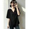 Texture v-neck front shoulder short-sleeved t-shirt women's summer large size fat mm loose and thin medium and long super good-looking top