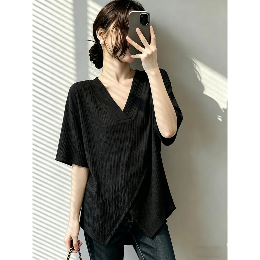 Texture v-neck front shoulder short-sleeved t-shirt women's summer large size fat mm loose and thin medium and long super good-looking top