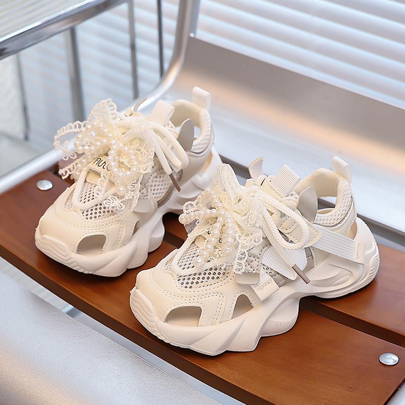 

Girls Sports Sandals Mesh Breathable Kids Princess Shoes Sweet Lace Bows Beading 2025 Summer New Children Running Shoes Non-slip 26 бежевий