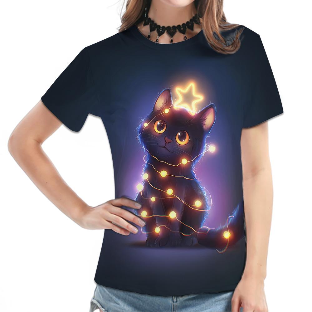 Damen Kawaii Katze Grafik T-Shirt Lässig Kurzarm Sommer Damen T-Shirts Streetwear Locker T-Shirt Damen 3D Druck Oberteile T-Shirts