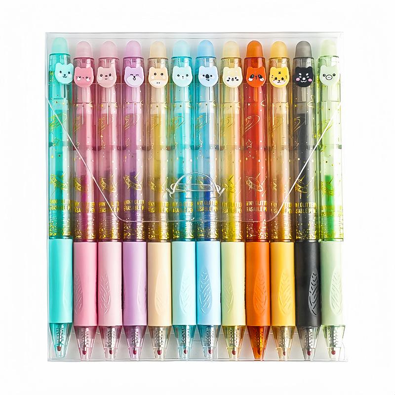 6/12 Colors Glitter Thermo-Erasable Gel Pens Retractable Push-Type Quick-Dry Smooth Writing 0.5mm Black & Assorted Ink
