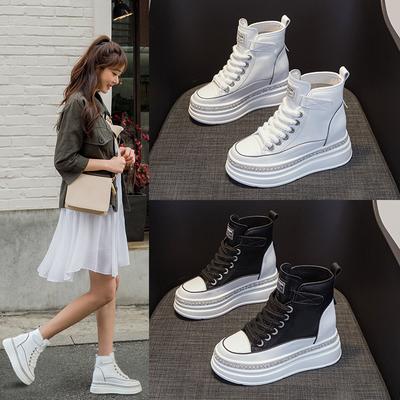 Women's Spring New Muffin Women's Shoes Versatile High-heeled Thick-soled Inner Height-increasing Casual High-top Shoes