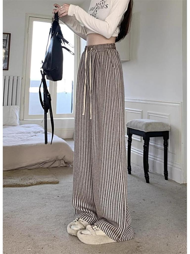 Korean Chic Knit Vertical Striped Wide-Leg Pants for Women - Petite, High Waist, Casual, Autumn/Winter