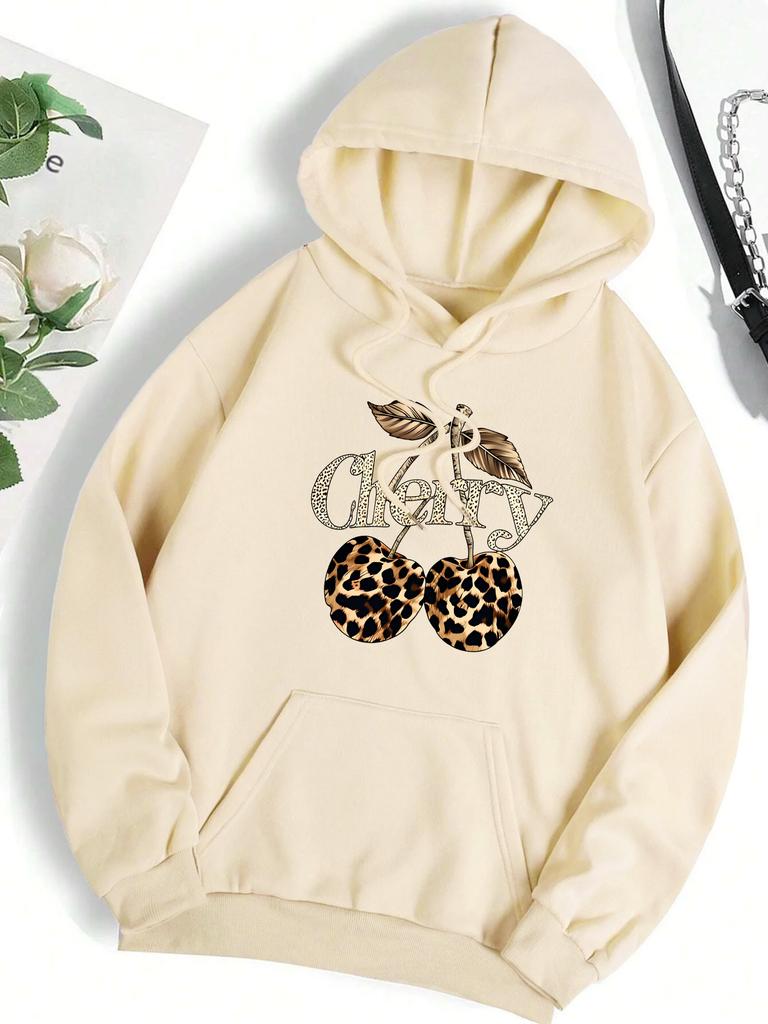 Leopard Cherry Creative Printing Hoodies Women Fleece All-Match Streetwear Y2K Pocket Hoody Autumn Casual Woman Clothing