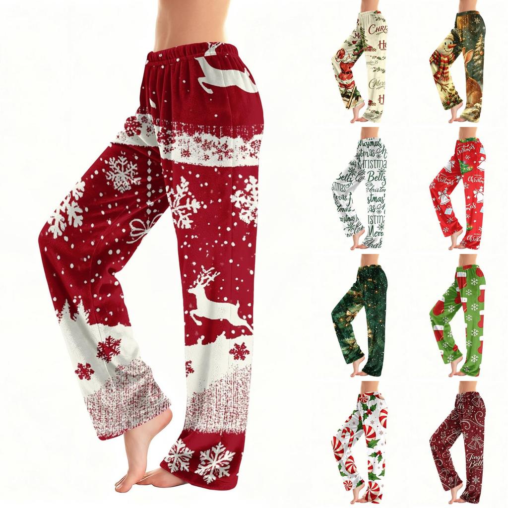 Women's Christmas Plush Pants with Snowflake and Christmas Tree Print, Cozy Sleep Pants for Home