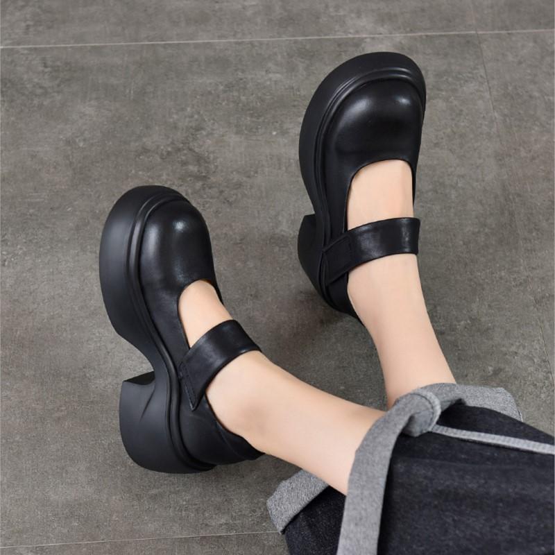 Johnature Thick Soled High Heels Pumps Genuine Leather Round Toe Thick Heel Women's Platform Shoes