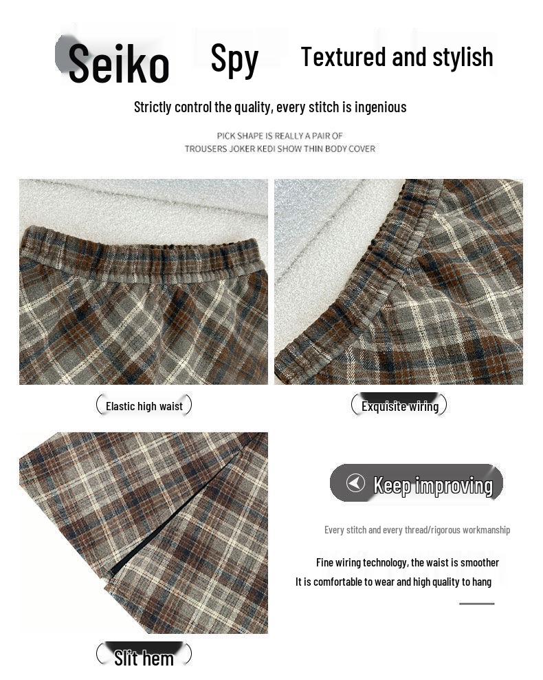 Women's Retro Wool Plaid Midi Skirt: Elastic High-Waist, Slimming A-Line with Slit, Ideal for Autumn/Winter.