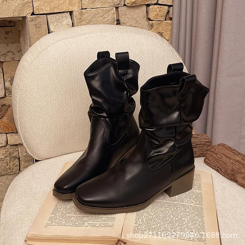 Dámské boty Martin 2025 Nové Podzimní Retro Úzké Všestranné Vysoký podpatek Malé Krátké Boty Westernové Kovbojské Boty Hromada