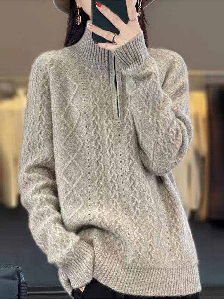 Autumn-Winter High Neck Women's Zipper Pullover Sweater - Loose Knit Long Sleeve Top