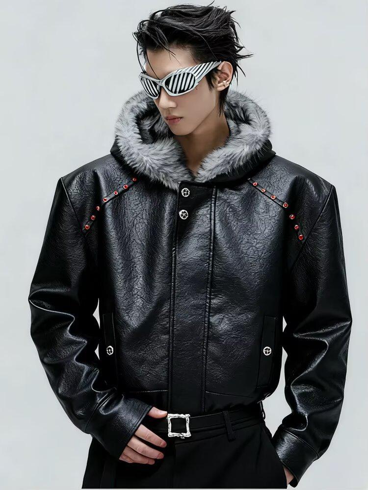 Men's American-Style Black Hooded Leather Jacket with Fur Collar - Winter Plus Velvet Thickened Cotton Coat