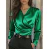 Women's Dark Gray Satin Long Sleeve V Neck Top with Side Pleat and Three Buttons