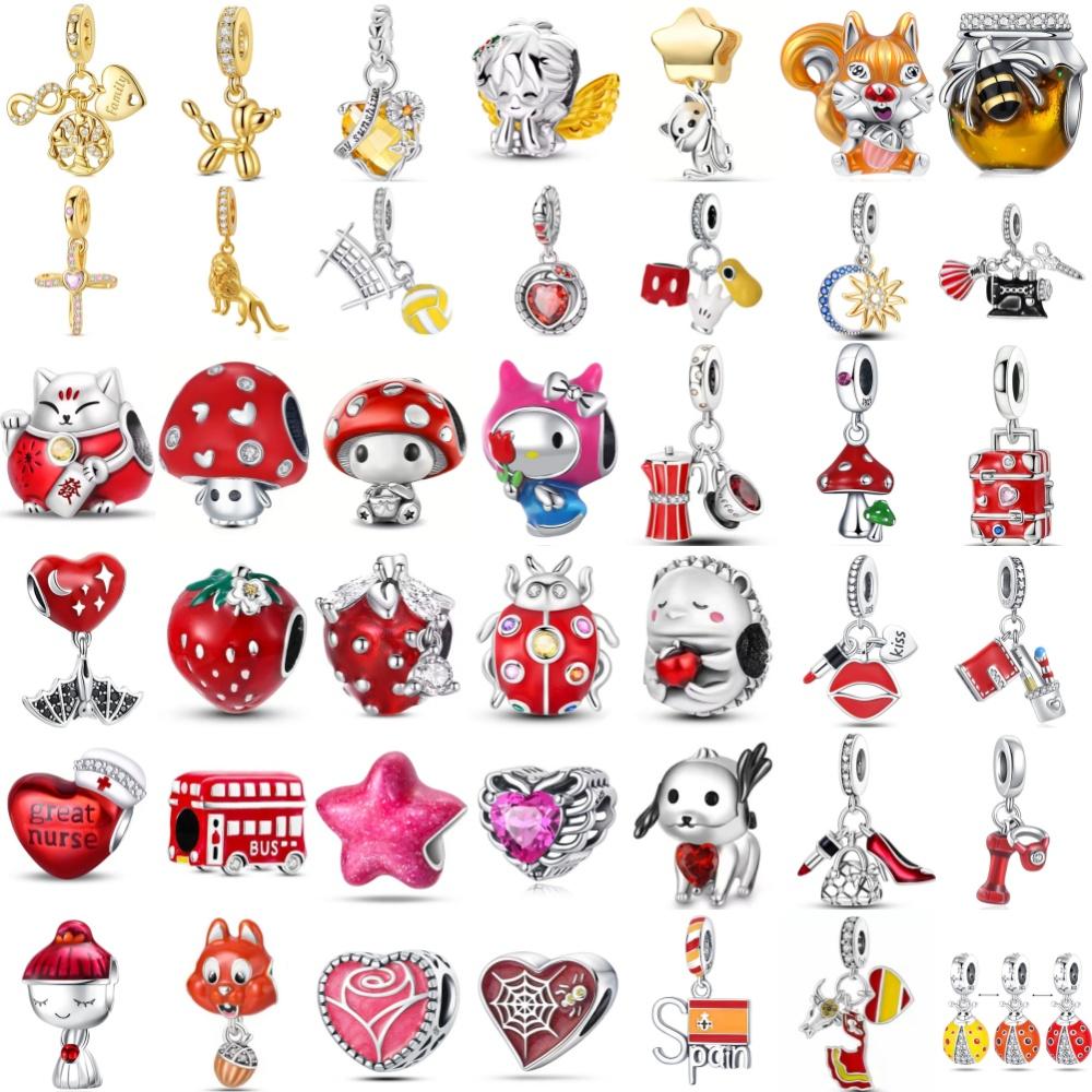 New 925 Silver, Red Strawberry, Mushroom, Car Bead Cross, Dog Pendant Original Bracelet DIY Accessories Exquisite Jewelry