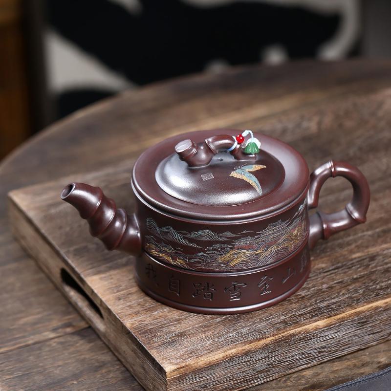 

800ml Retro Yixing Purple Clay Teapots Handmade Bamboo Section Pot Raw Ore Antique Brass Mud Kettle Chinese Zisha Tea Set Gift