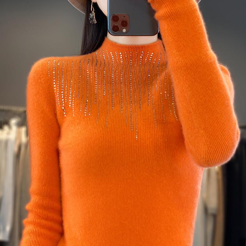 Women's Half Turtleneck Sweater, Qinghe Cashmere, 30% Cashmere 70% Wool, Diamond-studded Winter Knitted Pullover Autumn Sweater Cashmere Sweater