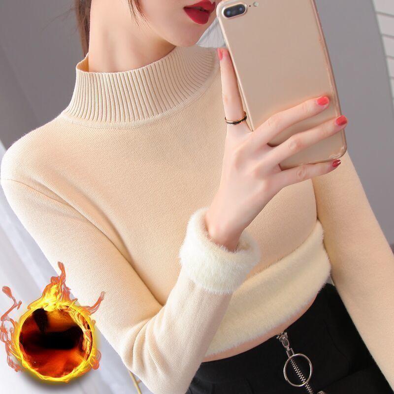 Slim Thicken Knitted Sweater Pullovers Woman Winter Sweater Casual Fleece Lined Warm Knitwear Tops